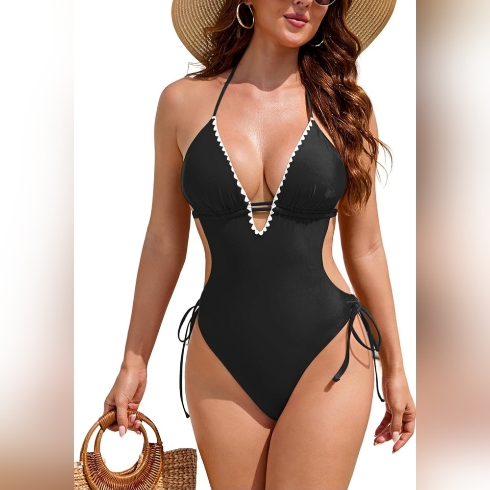 NWT Black Halter One Piece Swimsuit Whip Stitch Trim Side Tie Size 10